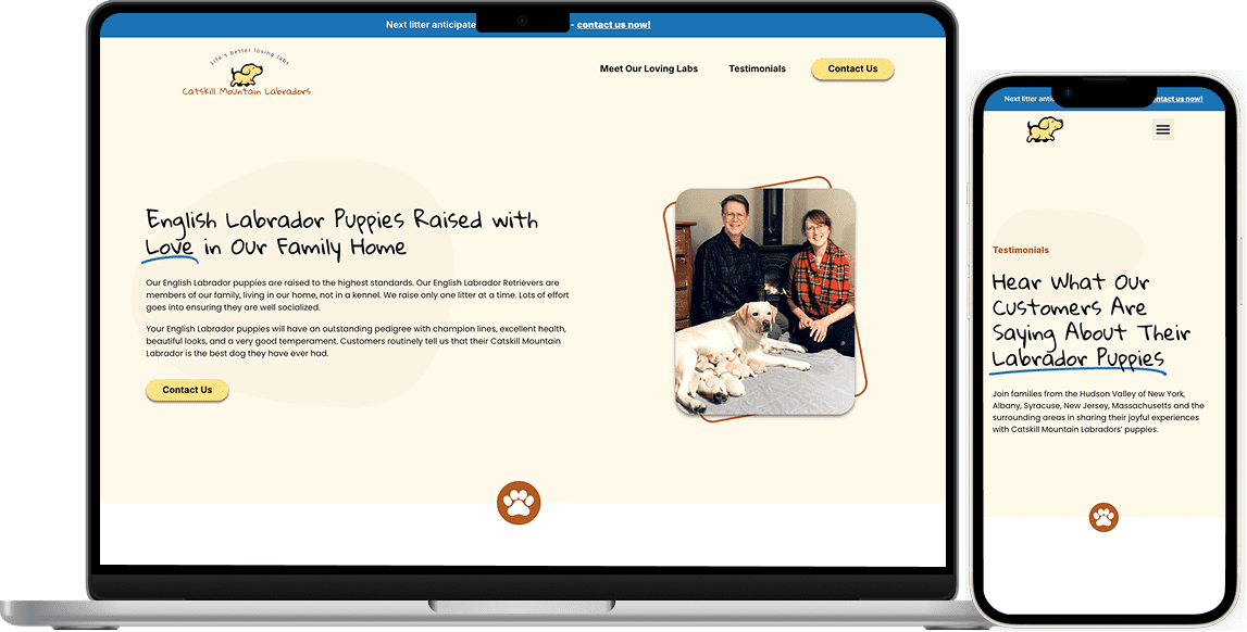 Web design for local dog breeder, Catskill Mountain Labradors